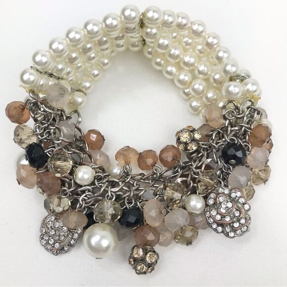 Taupe Blush Bead Rhinestone White Pearl Multi Strand Dangle Stretch Bracelet - Picture 2 of 9